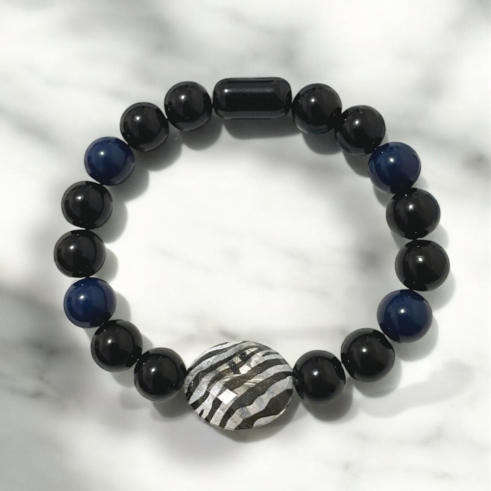 Vintage Black and Blue Beaded Zebra Print Bracelet